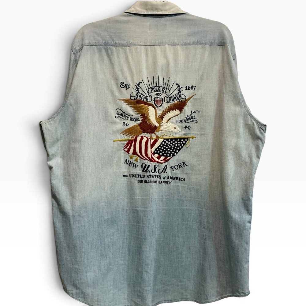 Ralph Lauren Polo Home of the Brave Eagle Flag Embroidered Chambray Shirt XL